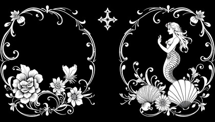 PNG transparent vintage vignettes with floral swirls, mermaid and seashells, antique nautical decorative element as black outline isolated, pop-art, with white tones