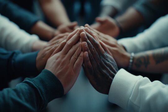 Group of diverse people coming together in a supportive gesture at a community event in a modern indoor space