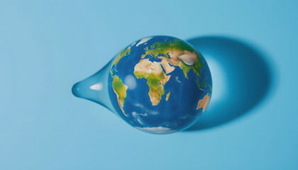 Naklejka premium A drop of water with the continents of the planet Earth symbolically depicted right on it, close-up and on a blue background, with white tones