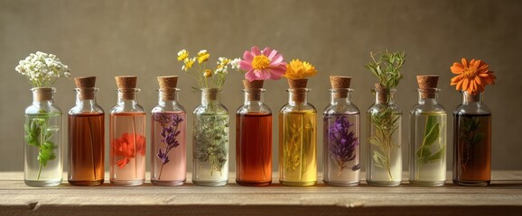 A Row of Essential Oil Bottles with Flowers and Herbs