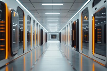 Futuristic corridor in a high-tech facility with glowing panels and sleek design at night