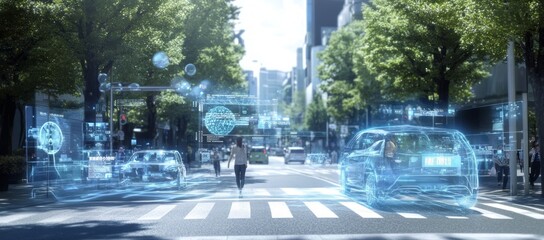 Woman crossing a city street with futuristic holographic cars and data overlays.