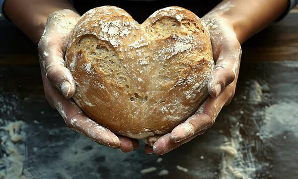 topshot of two experienced and flour dusted baker's hands holding a beautiful artisanal bread, the crust of the bread shows a heart-shaped crust