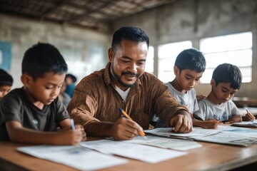 Fototapeta premium Teacher guides students in a classroom filled with creativity and focus during an engaging learning session