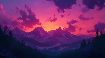 Obraz premium A panoramic scene of a mountain landscape at sunset, with the sky turning shades of lavender and coral, while the silhouette of alpine peaks stands bold against the vibrant backdrop 