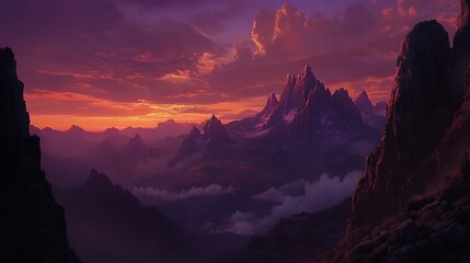 A panoramic scene of a mountain landscape at sunset, with the sky turning shades of lavender and coral, while the silhouette of alpine peaks stands bold against the vibrant backdrop 
