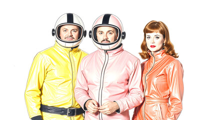 Retro photo of three people in cheap plastic futuristic costumes. Vintage science fiction television show or movie actors created with, crayon drawing, with white tones