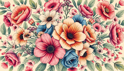 Vintage bouquet of beautiful flowers. Floral background. Abstract pattern with beautiful spring flowers. Created with, hand-drawn digital illustration, with white tones