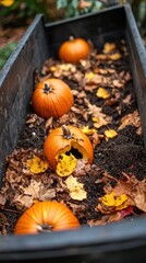 Broken-down pumpkin pieces intermingle with dried leaves and mulch in a garden compost bin. Whole pumpkins sit at the edge showcasing a before-and-after look at composting in action