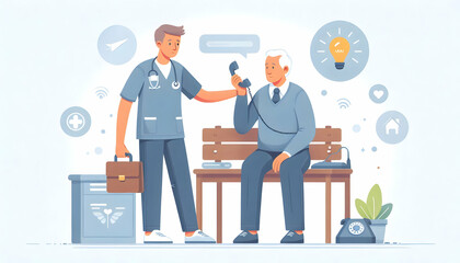 Elderly Caregiver Assisting Senior with Phone Call Candid Vector Illustration
