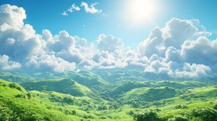 Fototapeta premium Rolling Green Hills Under a Fluffy Sky