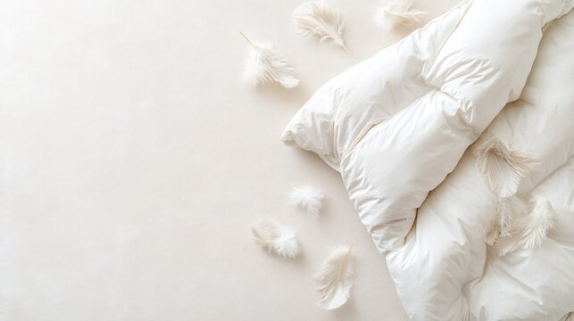 An eco-friendly eiderdown duvet is elegantly laid out on a light stone surface with soft feathers peeking from one corner. This calming arrangement creates a serene and inviting atmosphere