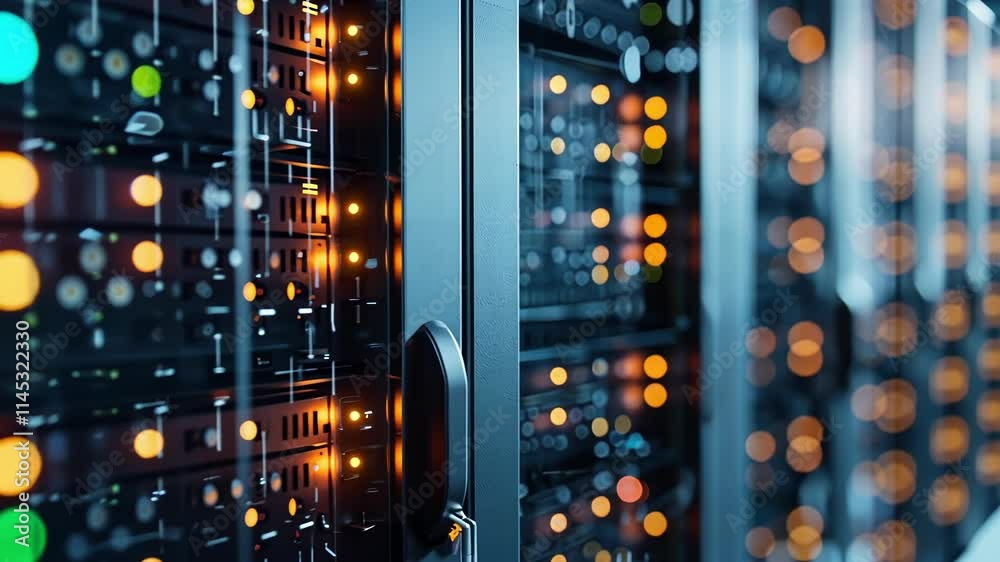 Poster close up of server racks with flashing lights in a data center, highlighting the complex technology 