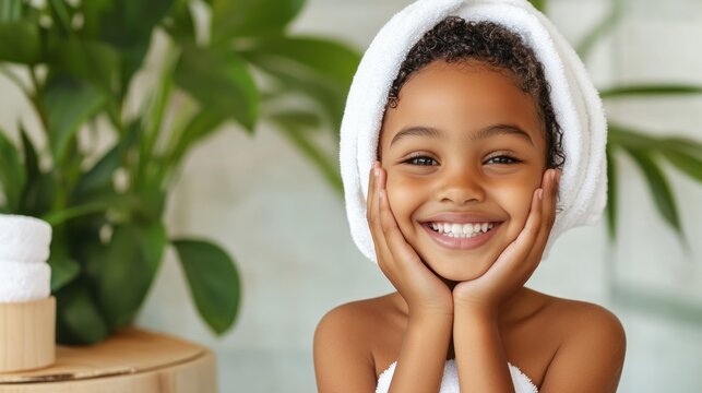 A happy Black girl around six years old enjoys her spa experience while wrapped in a towel. She smiles brightly with hands on her cheeks surrounded by natural light and greenery in the spa room