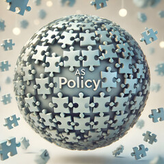 3D Policy puzzle sphere in business space concept as Close up of a floating sphere composed of interlocking policy puzzle pieces in a soft abstract business environment. Camera slowly orbits the spher