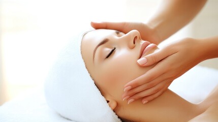 A young Caucasian woman enjoys a soothing facial massage in a bright minimalist spa room. Soft lighting enhances her peaceful state as hands gently work on her temples promoting relaxation