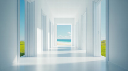 Obraz premium 3D rendering of a white hallway with doors leading to a green field and a sea view, in a minimalistic style, with bright lighting