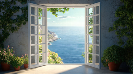 A view of the sea from an open window with a white frame. There is a gray wall on one side and...