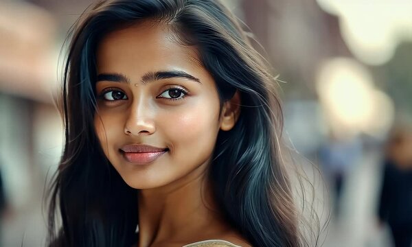 24-year-old Indian woman with delicate features and long black hair styled, looking directly at the camera with a knowing, slightly mischievous smile
