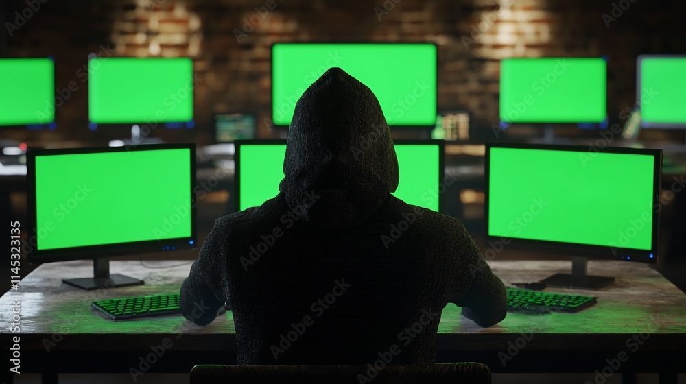 Poster Hooded figure sits before multiple green screen computers in a dark room.