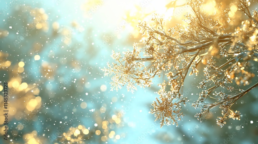 Poster frosty winter branches with bokeh background.