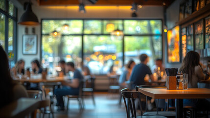 blurred image of restaurant customers, capturing the lively atmosphere, social interactions, and background ambiance with bright light, creating a warm, golden, and silver daytime dining experience