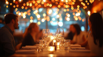 blurred image of restaurant customers, capturing the lively atmosphere, social interactions, and background ambiance with bright light, creating a warm, golden, and silver daytime dining experience