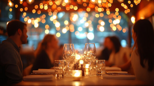 blurred image of restaurant customers, capturing the lively atmosphere, social interactions, and background ambiance with bright light, creating a warm, golden, and silver daytime dining experience