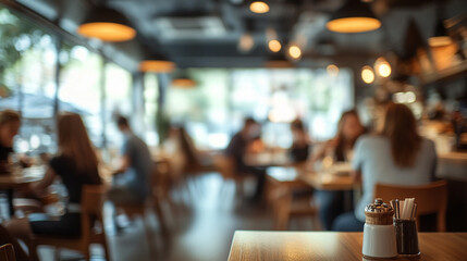 blurred image of restaurant customers, capturing the lively atmosphere, social interactions, and background ambiance with bright light, creating a warm, golden, and silver daytime dining experience