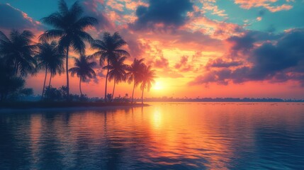 Obraz premium Tropical Sunset with Palm Trees