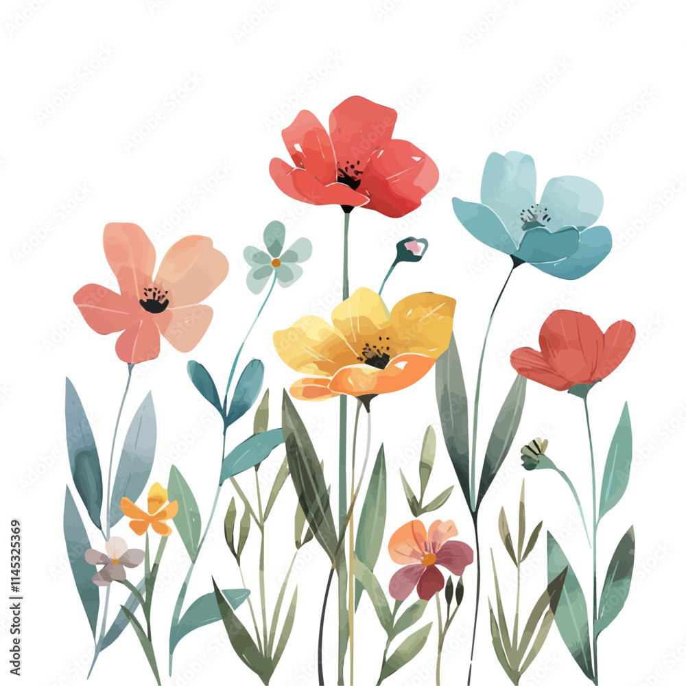 Sticker A watercolor clipart of spring flowers swaying in the breeze, isolated on a white background. Spring flowers swaying vector.
