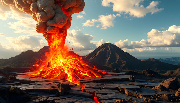 exploding volcano and cracked earth natural disaster concept illustration, detailed, with white tones