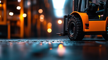 A bright orange forklift parked in front of a blurred backdrop of a warehouse entryway, ready for heavy lifting tasks