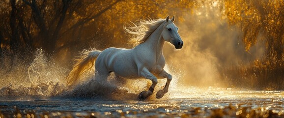 White Horse Galloping Through Golden Mist