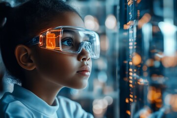 Young girl explores virtual reality technology with futuristic glasses in a high-tech environment