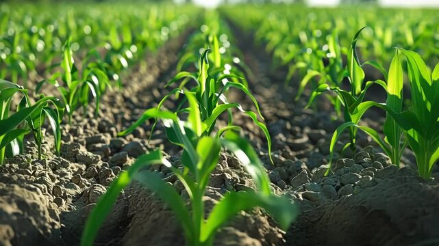Close up view of vibrant green corn seedlings growing in neat rows in a cultivated agricultural field, illuminated by warm sunlight, representing growth, agriculture, and food production