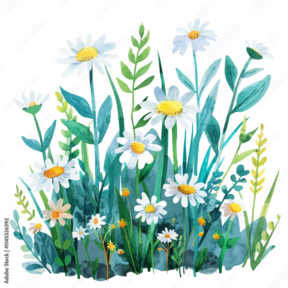 Canvas Prints A watercolor vector of a spring garden with blooming daisies, isolated on a white background. Spring garden with blooming daisies vector.
