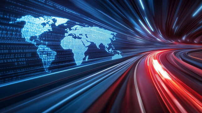 A bright red truck speeding down a modern expressway, overlaid with a glowing blue digital world map showcasing global connectivity