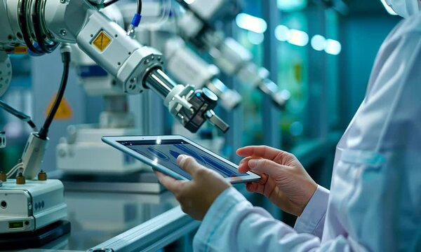 Engineer Using Tablet to Control Robotic Arms in High-Tech Factory Setting