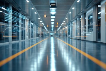 Fototapeta premium Futuristic hallway with digital projections in a modern building at night