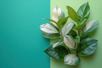 Variegated leaves on a teal and green background.