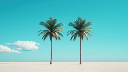 Obraz premium Idyllic Tropical Beach Scene Twin Palm Trees Turquoise Sky White Sand