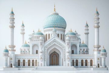 Obraz premium A 3D-rendered mosque with domes and minarets influenced by Mughal architecture, resting on a white blank background. The intricate yet minimal details reflect historical richness.