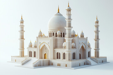 Obraz premium A 3D-rendered mosque with domes and minarets influenced by Mughal architecture, resting on a white blank background. The intricate yet minimal details reflect historical richness.