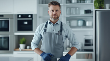 Fototapeta premium Trustworthy plumber in a light gray uniform with navy gloves, standing in a modern white kitchen with sleek silver appliances.
