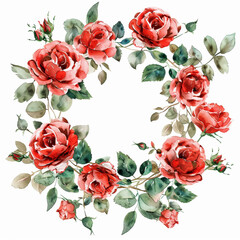 Big watercolor rose wreath clipart, white background, red colors, painting, intense colors, 