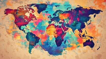 Colorful Global Financial Trends Illustrated on World Map Design