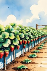 A hand-drawn illustration of a strawberry farm in a watercolor style, featuring neat rows of green plants with bright red strawberries 