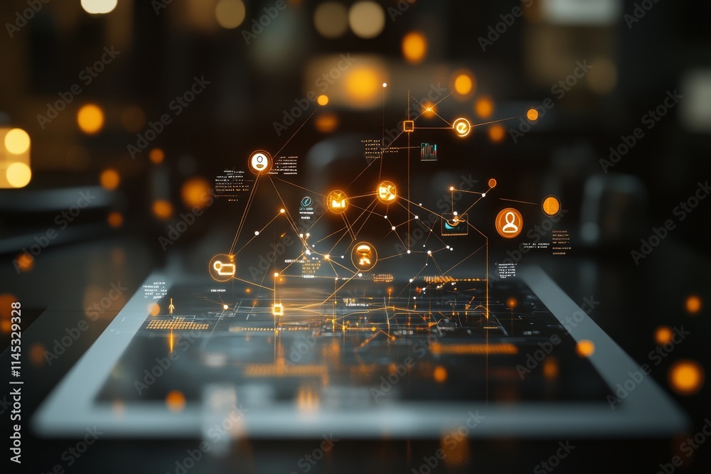 Poster digital network visualization demonstrates connectivity and data flow in a technology-driven environ