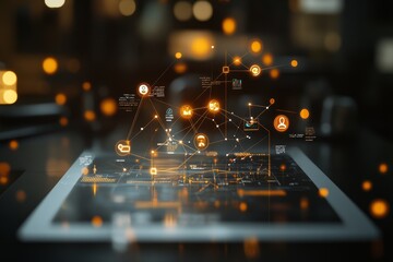 Digital network visualization demonstrates connectivity and data flow in a technology-driven environment